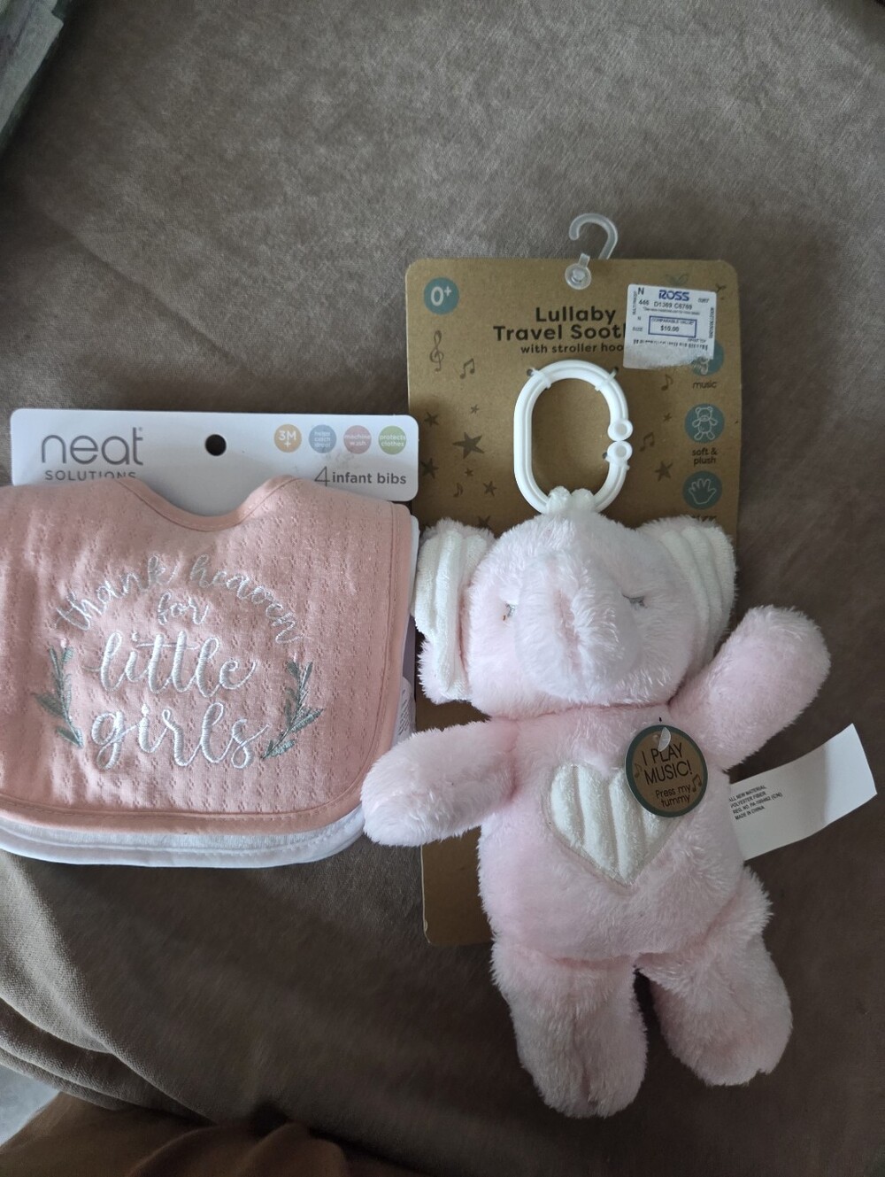 Pink Infant Bibs & Pink Lullaby Travel Soother Plush Toy NEW